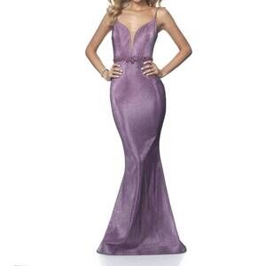 NEW BLUSH PROM metallic shimmer knit plunging neckline prom dress in berry wine